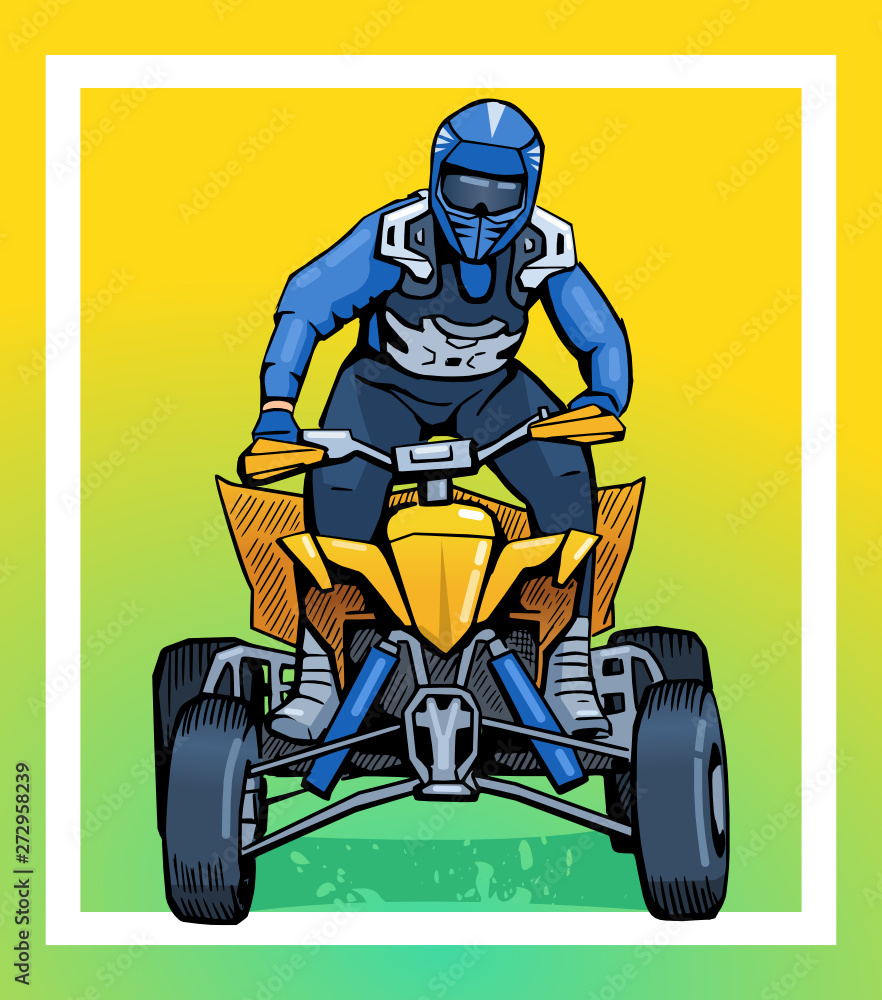 Vector illustration of a man riding all-terrain vehicle. Beautiful extreme sport poster. Summer vacation activity. ATV motocross competition contestant Vector illustration of a man riding all-terrain vehicle. Beautiful extreme sport poster. Summer vacation activity. ATV motocross competition contestant