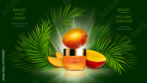 Tropical mango cosmetics realistic vector background. Bottle with cosmetic skin care product, whole and sliced yellow mango fruit and green palm leaves with sunlight. Mock up promo banner