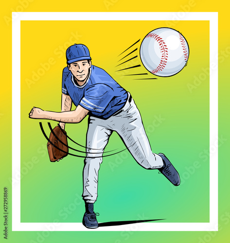 Vector illustration of a baseball player throwing the ball. Beautiful sport themed poster. Abstract background, summer sports, team game, baseball pitcher
