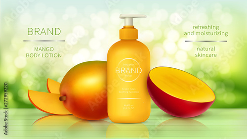 Tropical mango cosmetics realistic vector. Bottle with cosmetic skin care product, whole and sliced yellow mango fruit on green blurred shine background with sunlight. Mock up promo banner