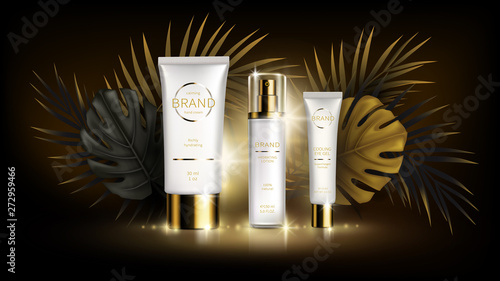 Sun protection cosmetics vector realistic ads poster. White plastic tube with cosmetic product, black golden tropical palm, monstera leaves on dark background. Summer skin care, mock up for magazine