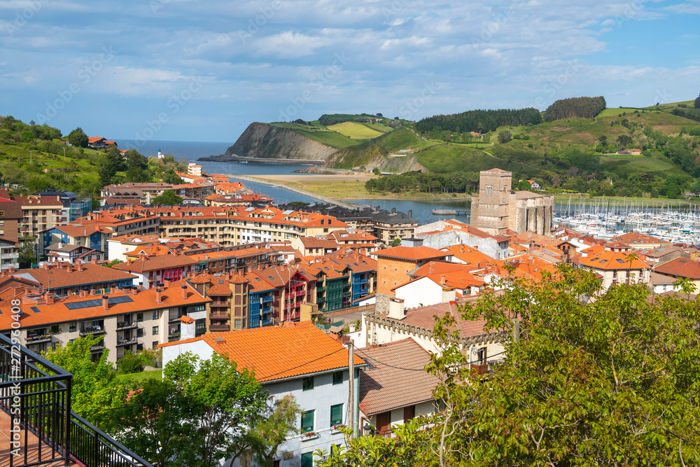 Zumaia on the coast of Gipuzkoa, Spain.Top view of the roofs and the ocean.