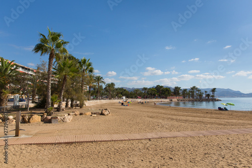 Playa de Rihuete one the beaches in Puerto de Mazarron Murcia Spain with parasols and sunshades