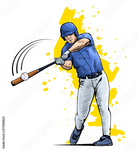 Illustration of a baseball player with bat hitting the ball. Beautiful sport themed poster. Team game, summer sports, baseball batter. Vector illustration