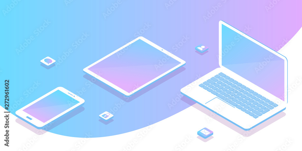 Cross platform banner. Empty screen laptop, tablet and phone. Isometric concept. Devices set. Flyer template. digital marketing and app development. 3d abstract platforms and devices. Cross platform banner. Empty screen laptop, tablet and phone. Isometric concept. Devices set. Flyer template. digital marketing and app development. 3d abstract platforms and devices.