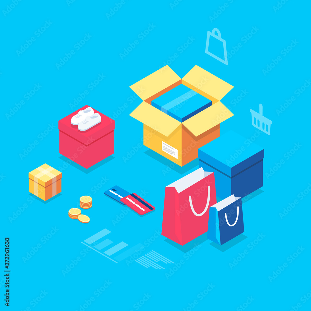 Online delivery service illustration with boxes, shopping bags, credit cards, icons, coins, shoes. Internet shipping concept. Transportation and logistic digital shopping ad banner. Internet shopping