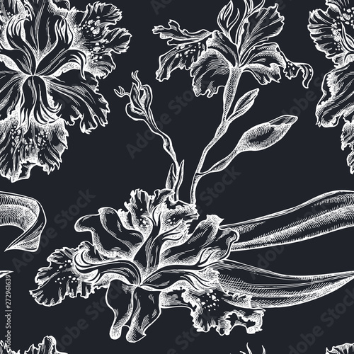 Seamless pattern with hand drawn chalk iris japonica