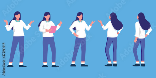 Elegant business woman in different poses isolated vector illustrtion. set of women working in office and presentation in various action. Consultant or secretary, standing and gesturing