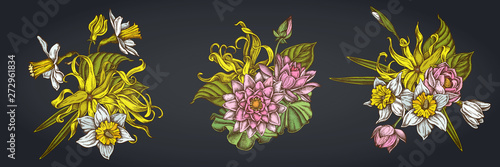 Flower bouquet of ylang-ylang, daffodil, lotus