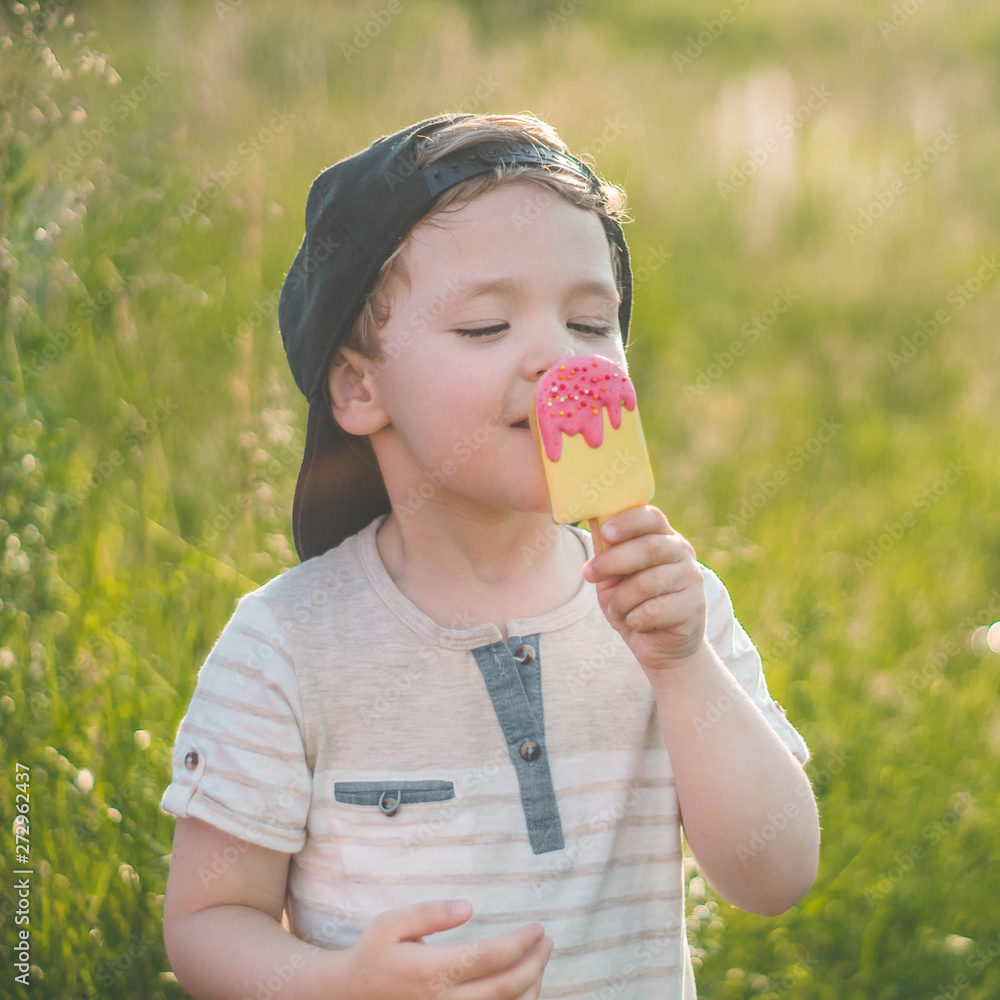 Happy Child eating cookies in the form of ice cream. Kids eat in the garden. Boy in the garden holding a ice cream. Happy Child eating cookies in the form of ice cream. Kids eat in the garden. Boy in the garden holding a ice cream.