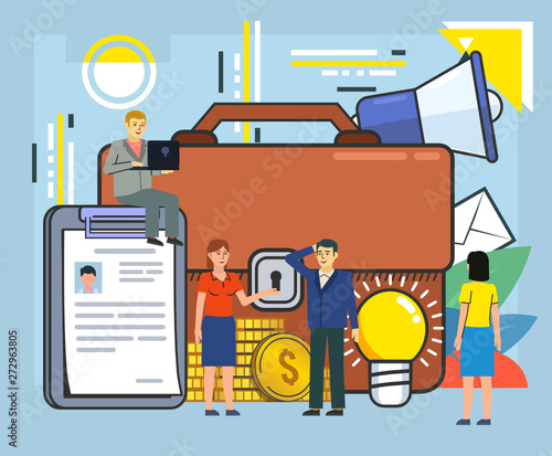 Business case, team, office work. People stand near big suitcase, document, idea, coins. Poster for social media, web page, banner, presentation. Flat design vector illustration