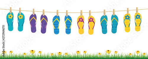 colorful flip flops hanging on a rope on white background with grass and flowers summer holiday design vector illustration EPS10