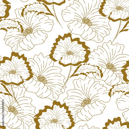 Hand drawn artistic poppy flower vector seamless pattern. Monochromatic pattern elements in doodle style isolated on white background. 