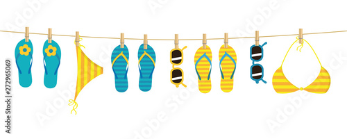 colorful flip flops sunglasses and bikini hanging on a rope on white background summer holiday design vector illustration EPS10