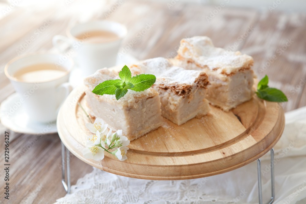 Balkan cremschnitte pie. Croatian cake krempita, slice of puff dough with cream Balkan cremschnitte pie. Croatian cake krempita, slice of puff dough with cream