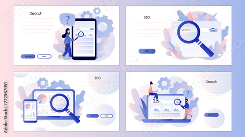 SEO Search Engine Optimization concept. Screen template for mobile smart phone, landing page, template, ui, web, mobile app, poster, banner, flyer. Flat style. Vector illustration