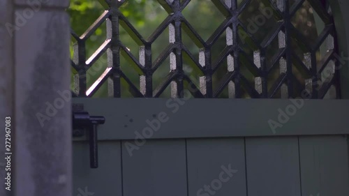 Cinematic Pull Up Slow Motion Dolly Shot of Gate Door With Green Leaves Background and Male Hand Catching Steel Lock photo