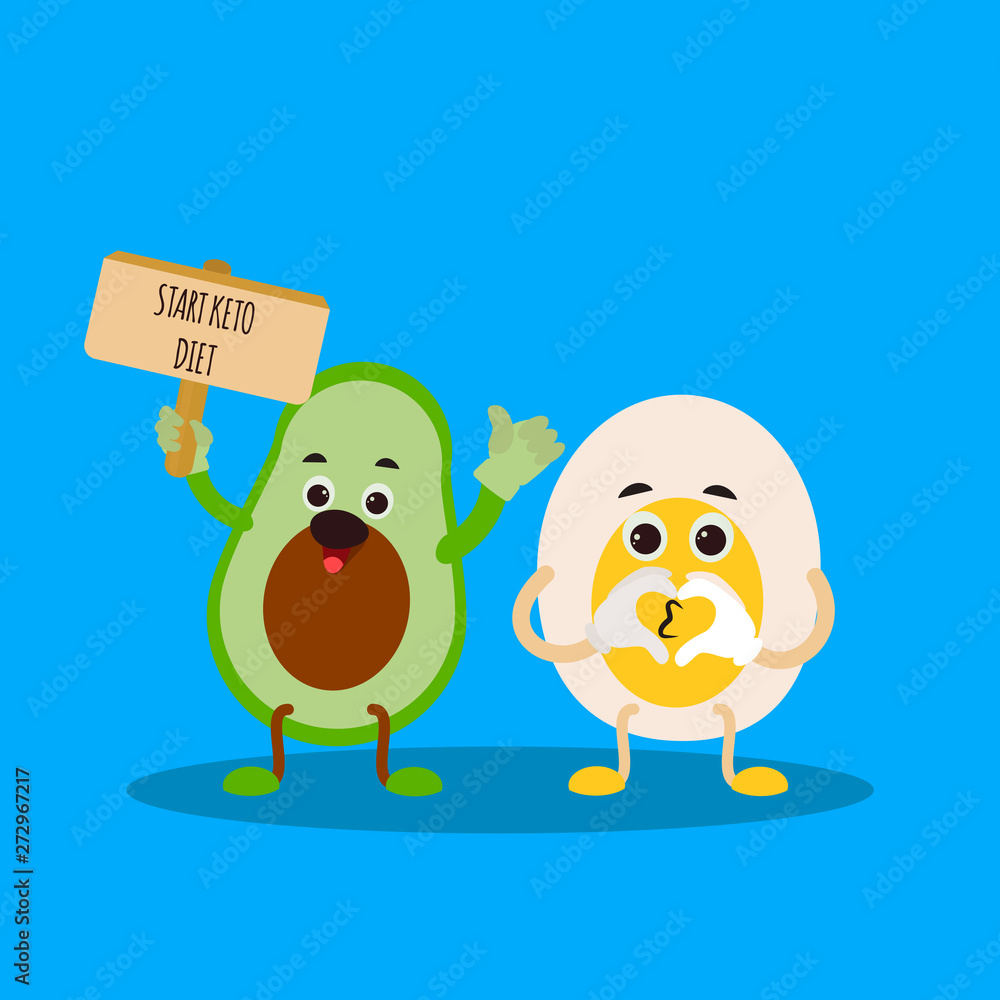 Funny cute avocado character with egg. Start keto diet. Ketogenic diet for weight loss and treatment. Funny cute avocado character with egg. Start keto diet. Ketogenic diet for weight loss and treatment.
