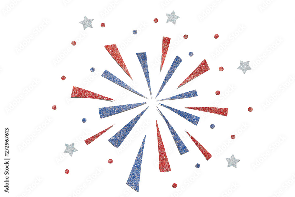 Red blue and silver glitter firework paper cut background - isolated