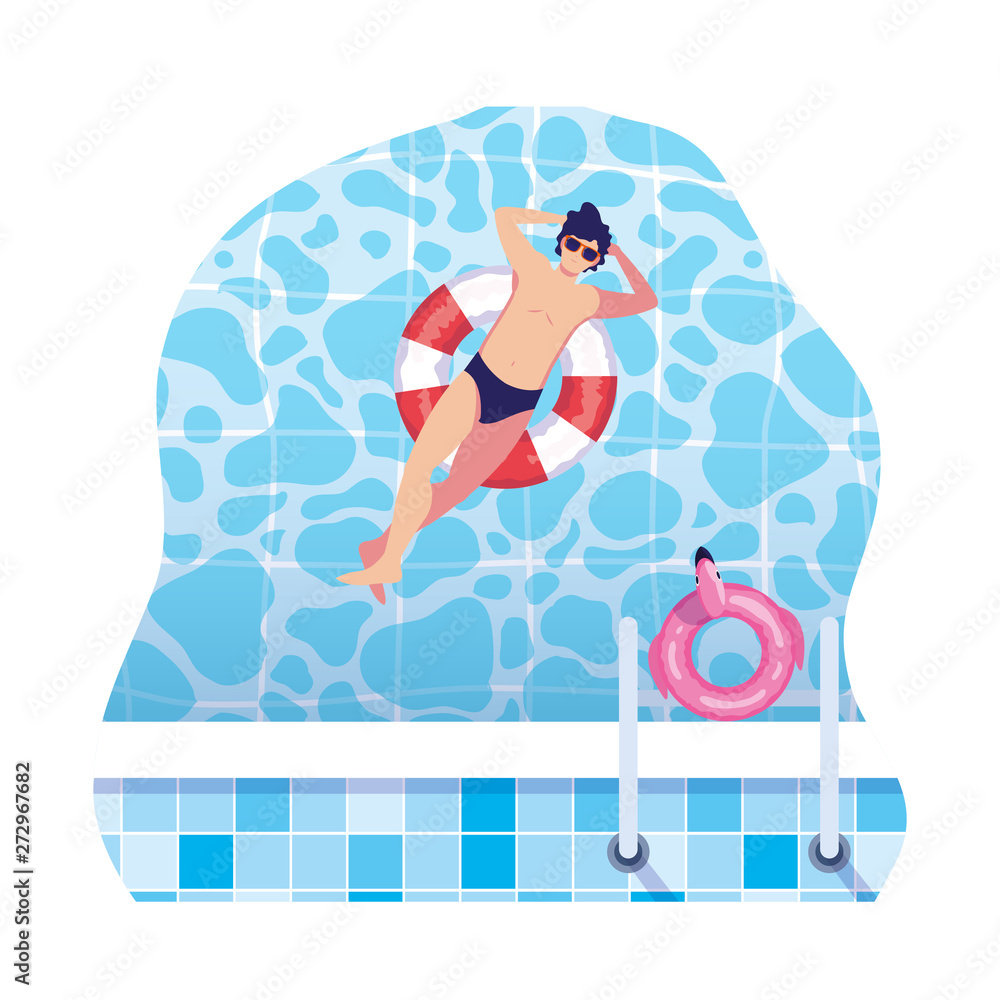young man with swimsuit and float lifeguard in water
