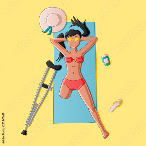 Sun-tanned legless girl lying on the sand top view on a yellow background in the vector.