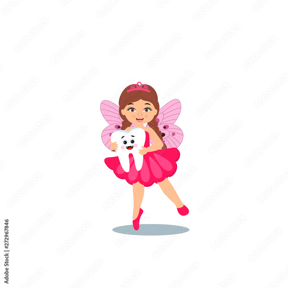 Cute tooth fairy girl holding big tooth cartoon character.  Dental medicine hygiene. Vector illustration