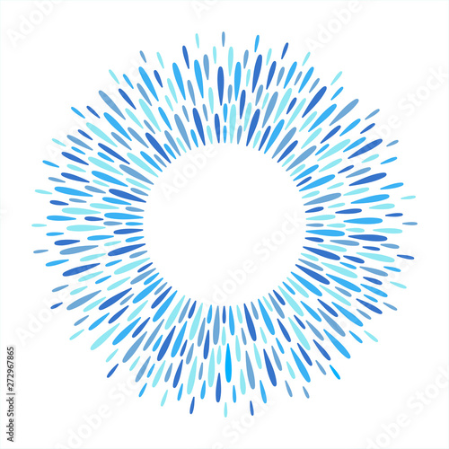 Round frame with empty space for text. Circle, ring shape made of firework salute sparks, rays or water drops, raindrops, droplets. Shades of blue abstract radial spatter, splash, splatter background.