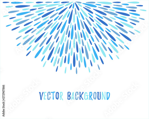 Semi-round template, semicircle border made of firework sparks or water drops, raindrops, droplets. Radial blue spatter, splash, splatter background. Template with space for text, design element