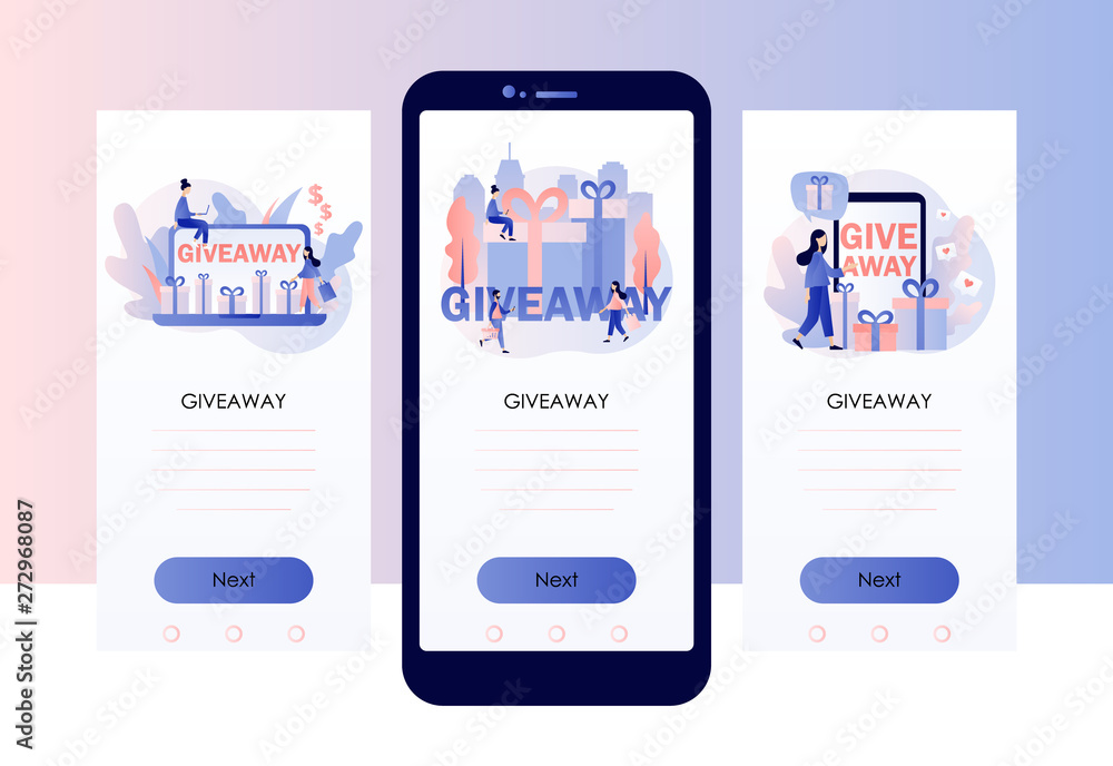 Giveaway marketing concept. Screen template for mobile smart phone. Flat cartoon style. Vector illustration Giveaway marketing concept. Screen template for mobile smart phone. Flat cartoon style. Vector illustration