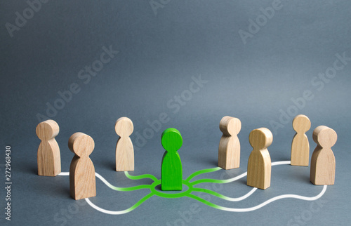 The green figure of a person unites other people around him. Call for cooperation, creating a new team. Leader and leadership, coordination and action, Social connections, communication. Organization photo