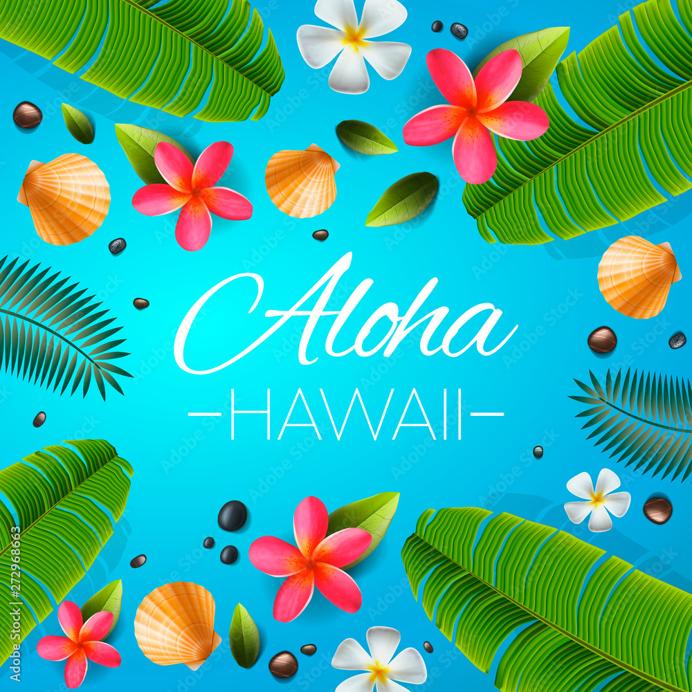 Aloha Hawaii background. Tropical plants, leaves and flowers. Hawaiian  language greeting. Vector illustration. Stock-Vektorgrafik | Adobe Stock