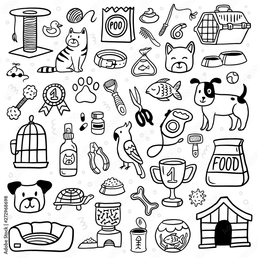 Pet shop stuff and lovely pets. Black and white vet symbol collection in doodle style. Cartoon dogs, cats and fish care elements: kennel, leash, food, aquarium, paw, bowl, bone and other goods.