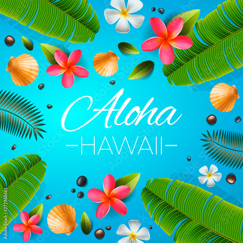 Aloha Hawaii background. Tropical plants, leaves and flowers. Hawaiian language greeting. Vector illustration.