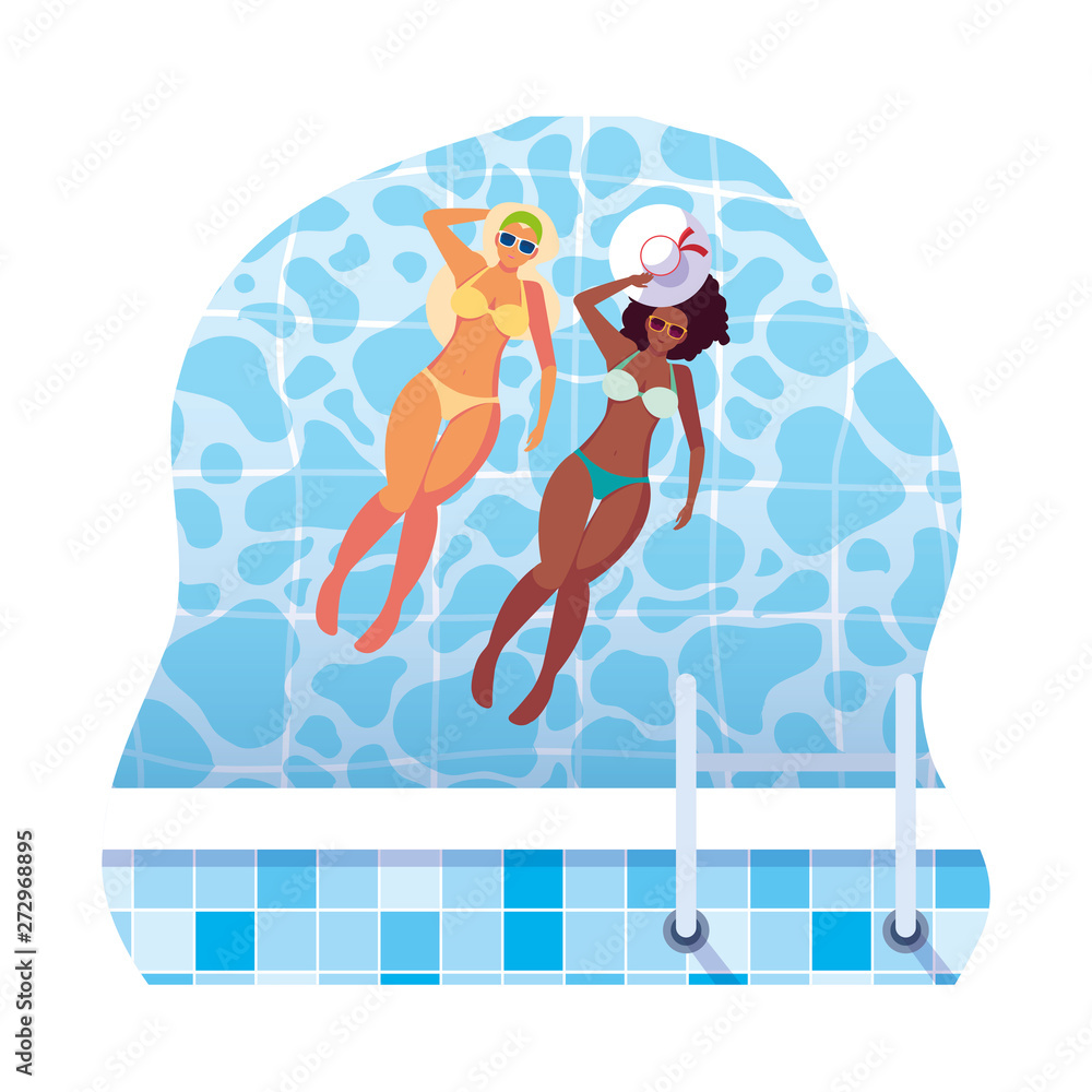 interracial girls couple with swimsuits floating in water