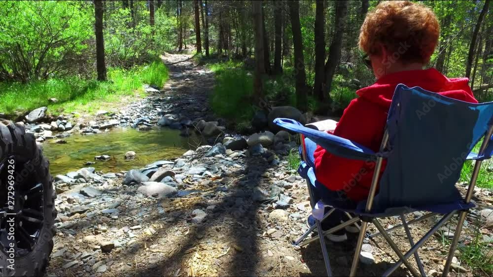 Quiet time by a forest stream with warm sunshine and blue sky. Quiet time by a forest stream with warm sunshine and blue sky.