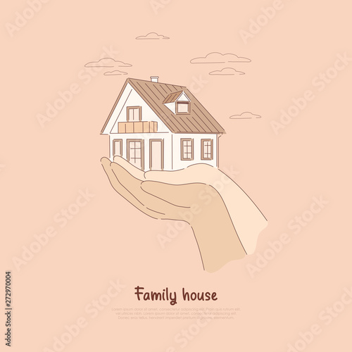Two hands holding house, paying off mortgage, insurance on real estate, renting living space, buying dream home banner
