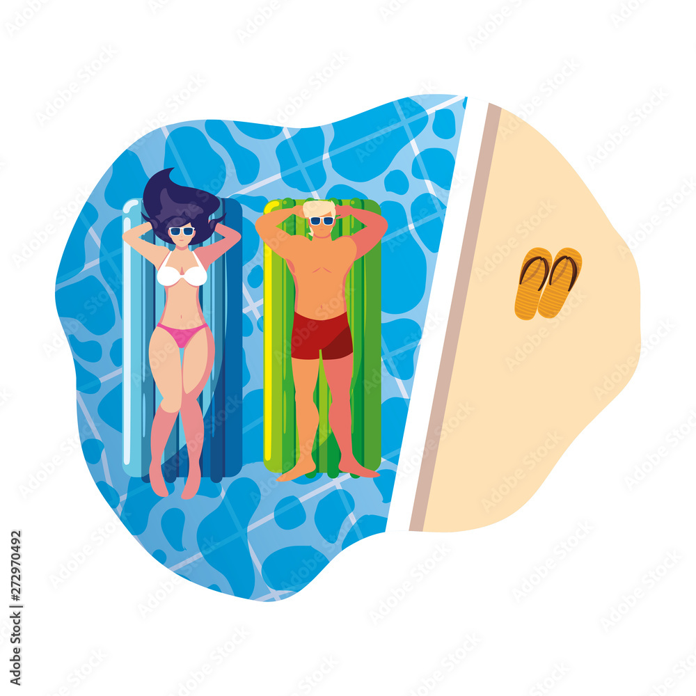 young couple with float mattress in water young couple with float mattress in water