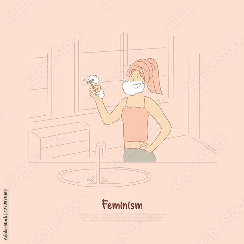 Strong young woman shaving, smiling lady with soap beard holding razor, personal hygiene, body care, feminism banner