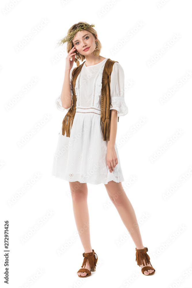 full length view of pretty hippie girl wearing earrings and wreath isolated on white full length view of pretty hippie girl wearing earrings and wreath isolated on white