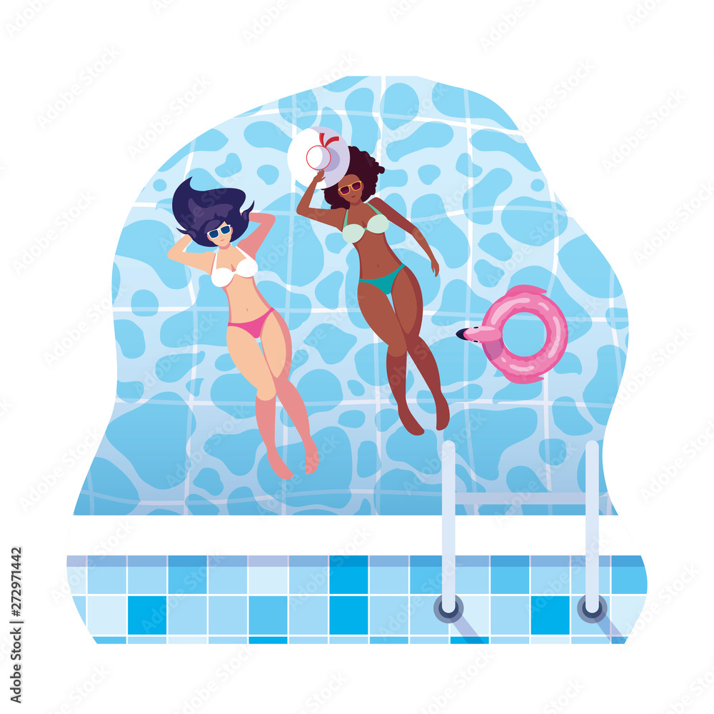 interracial girls couple with swimsuits floating in water