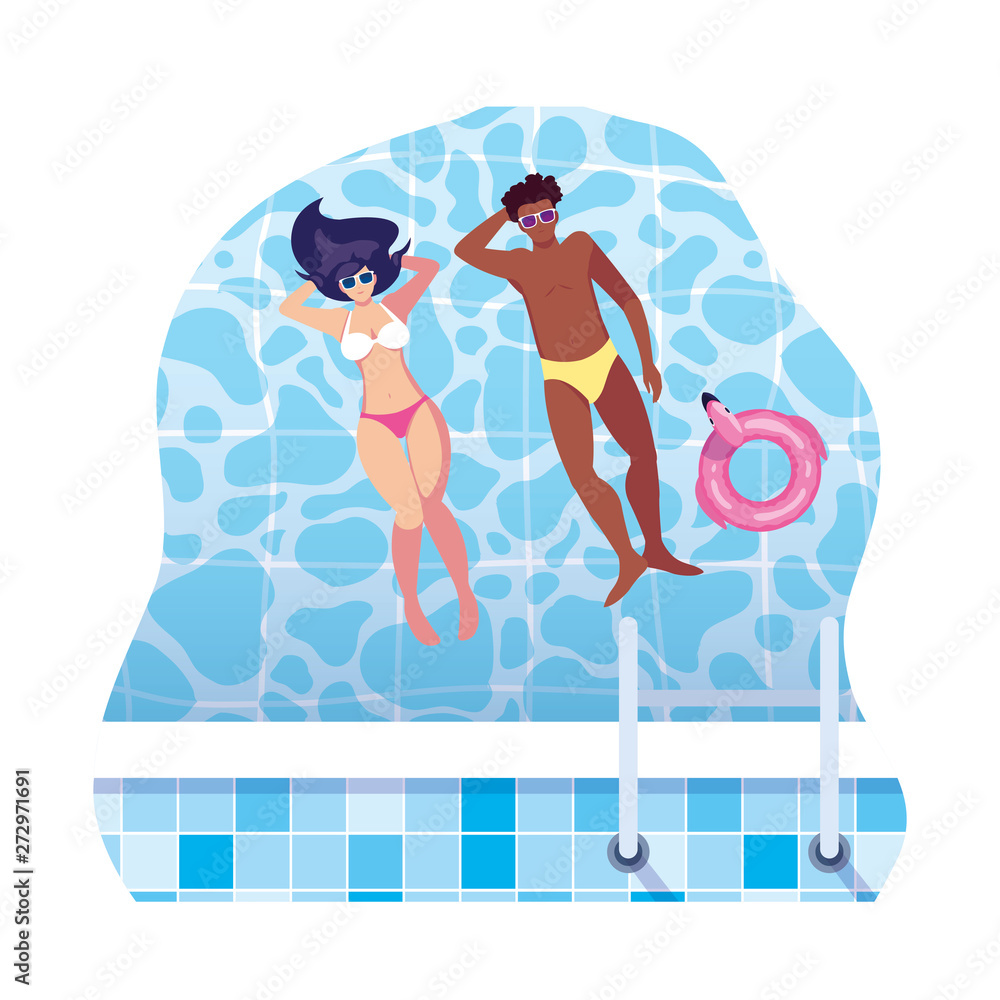 interracial couple with swimsuit floating in pool