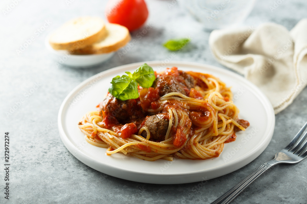 Pasta with meatballs, tomato sauce and basil Pasta with meatballs, tomato sauce and basil