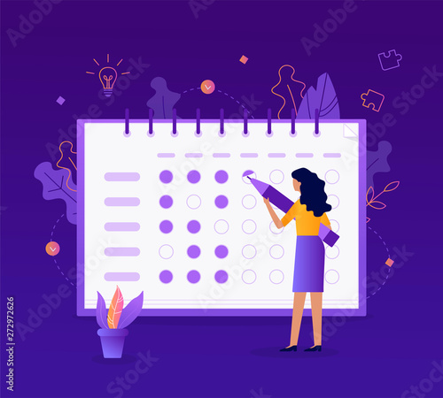 The girl makes a mark in her tracker habits. Self-improvement concept. Flat vector illustration.