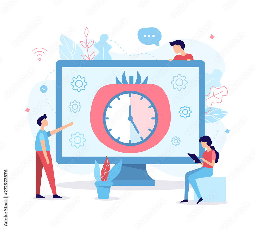 Developers use the Pomodoro technique to work. Time management concept. Flat vector illustration.