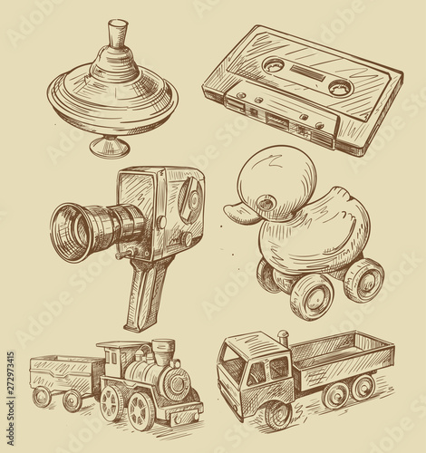 hand drawn retro toys for children and camera