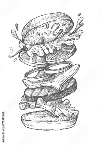 Hand drawn burger in flight in layers
