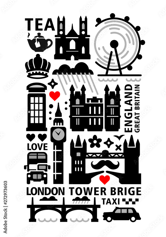 Great Britain, London icons set for design or postcard