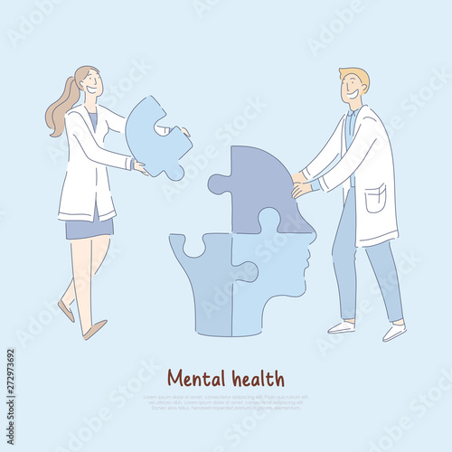 Cheerful doctors assembling human head shaped jigsaw puzzle, mental treatment metaphor, psychologist profession banner