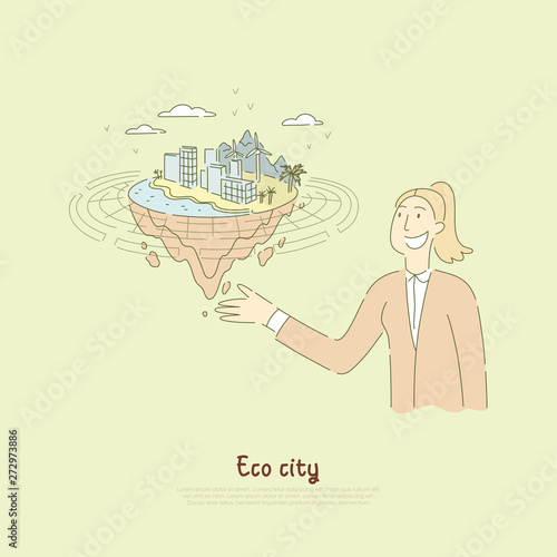 Smiling woman giving presentation, modern environmentally friendly city model, ecological town, pollution solution banner