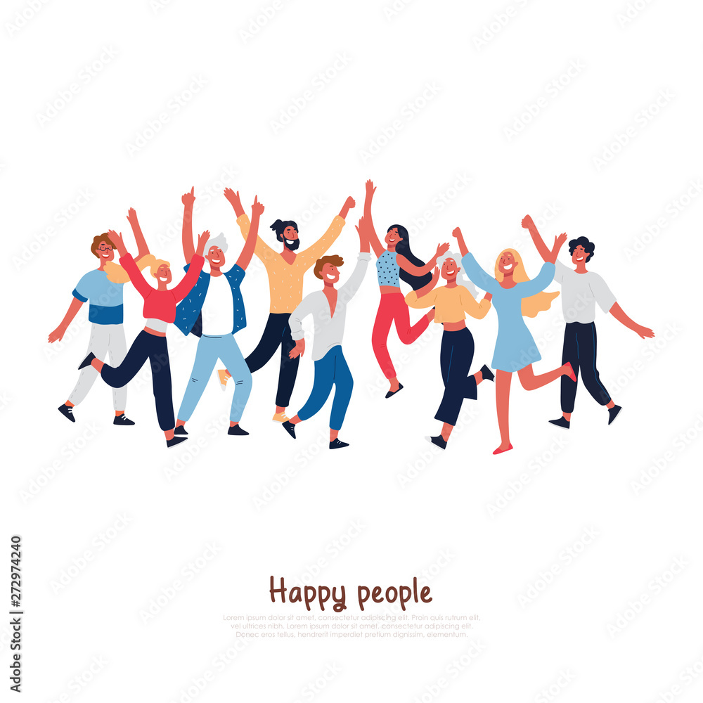 Happy people with joyful gesturing, smiling adults, excited young boys, girls jumping, music festival visitors dancing banner